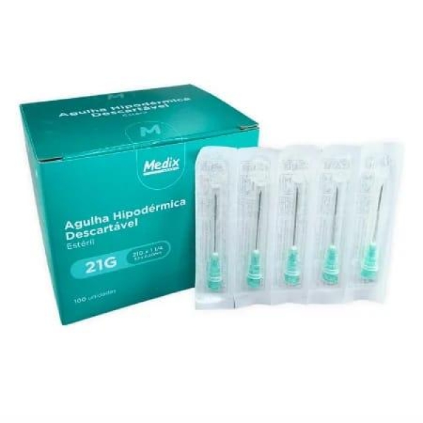 AGULHA HIPODÉRMICA ESTÉRIL 21G, 30X0,8, CX/100 UNID - MEDIX