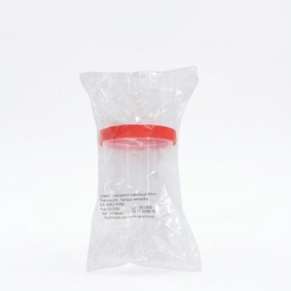 COLETOR SEM PÁ ESTÉRIL, INDIVIDUAL, 80ml, TRANSP. TAMPA VERMELHA -...