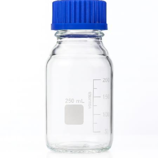 FRASCO REAGENTE 250ML, INCOLOR, TAMPA ROSCA AZUL ANTI-GOTAS
