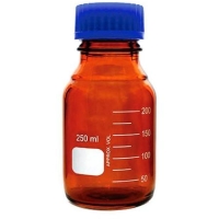 FRASCO REAGENTE, 250ml, VIDRO, COR ÂMBAR, ROSCA AZUL  ANTI-GOTAS...