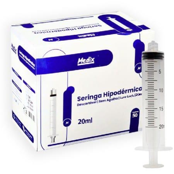 SERINGA HIPODÉRMICA, DESCARTÁVEL, SEM AGULHA, LUER LOCK, 20ML - MEDIX
