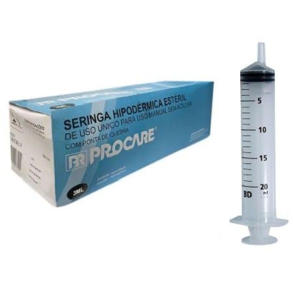 SERINGA HIPODÉRMICA ESTÉRIL, SEM AGULHA, LUER SLIP, 20ML - PROCARE
