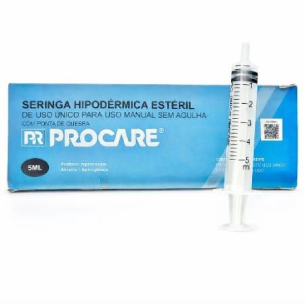 SERINGA HIPODÉRMICA ESTÉRIL, SEM AHULHA, LUER SLIP, 5ml - PROCARE