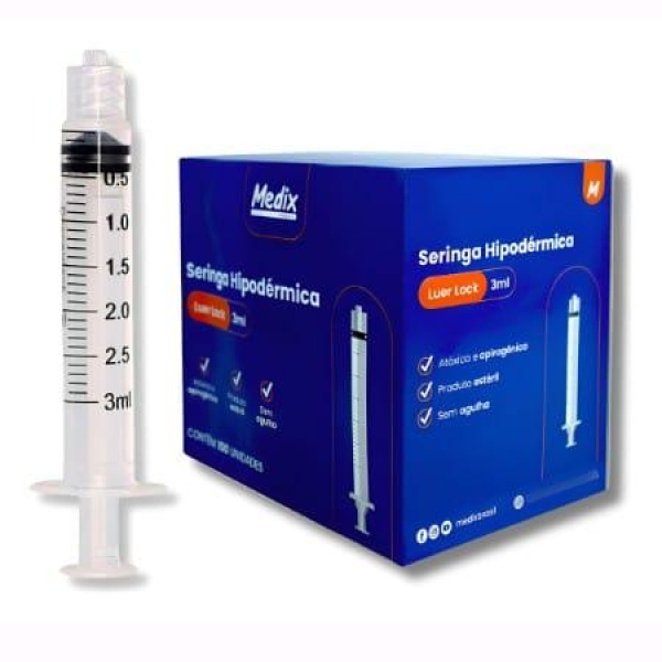 SERINGA HIPODÉRMICA, LUER LOCK, SEM AGULHA, 3ml - MEDIX